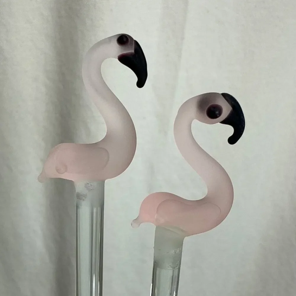 Hand Blown Glass Pink Flamingo Drink Stirrers / Swizzle Sticks Tropical Barware